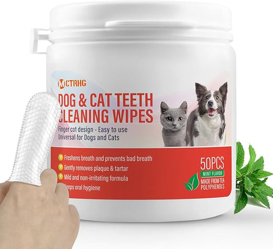 Dog Teeth Cleaning Wipes, Freshen Oral Odor & Remove Tartar Buildup, Disposabl Dog Dental Care Finger Wipes for Cleaning & Gum Care, Universal for Dogs & Cats, 50 Counts (Mint Flavor)
