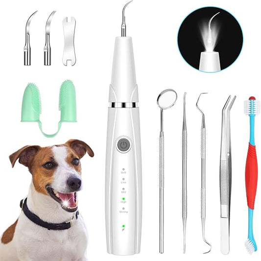 Dog Teeth Cleaning Kit for Pet Teeth Cleaning, Dog Plaque Remover for Teeth, 5 Modes Dog Tartar Remover for Teeth Care to Remove Stains Calculus, 10 in 1 Pet Cleaner Toothbrush (White)