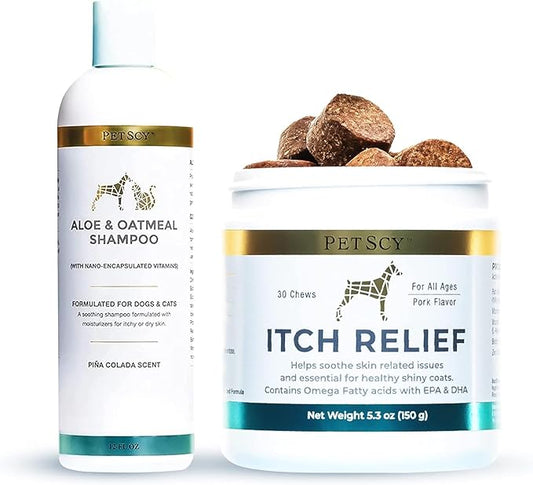 PetScy - Itch Relief & Aloe & Oatmeal Shampoo Bundle - Dog Itch Relief With Fatty Acids, EPA, DHA & Omega - Moisturizing Pet Shampoo for Skin Relief - For Healthy Shiny Coats - 30 Chews & 12 oz Bottle