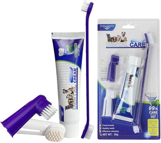 Dog Toothbrush Kit,4-Piece Set with Toothpaste Fingerbrush,Cat Teeth Cleaning,Pet Oral Dental Care Fresh Breath Brush,Cute Puppy Whitening Cleansing for Small Large Dogs,Beef Flavor