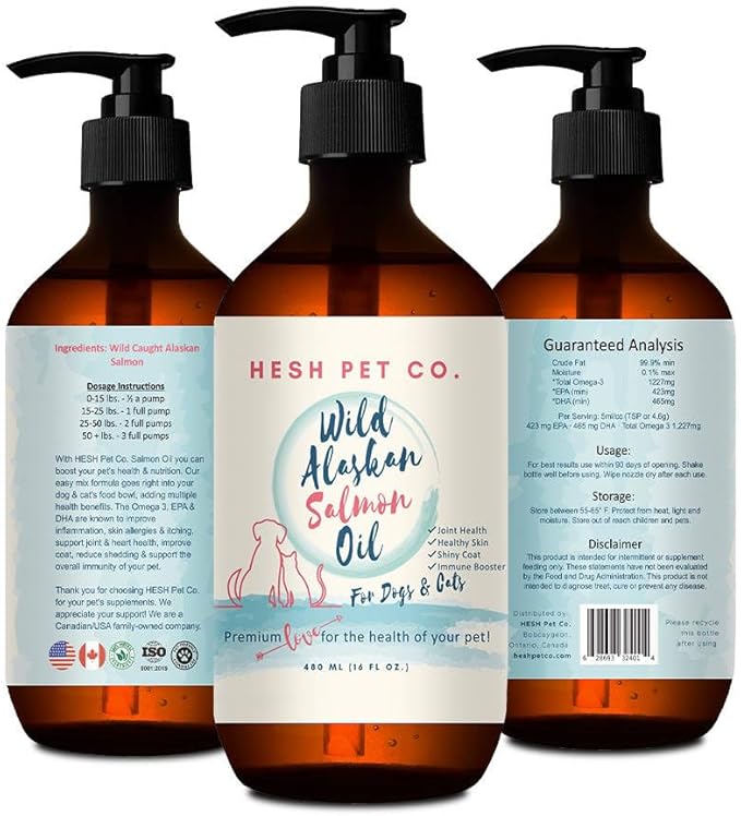 Premium Wild Alaskan Salmon Oil for Dogs & Cats 16oz Skin & Coat Natural Liquid Food Supplement for Pets, Fish Oil, Omega 3, EPA + DHA Fatty Acids for Joint Function, Immune & Heart Health!