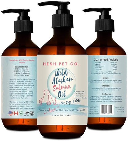 Premium Wild Alaskan Salmon Oil for Dogs & Cats 16oz Skin & Coat Natural Liquid Food Supplement for Pets, Fish Oil, Omega 3, EPA + DHA Fatty Acids for Joint Function, Immune & Heart Health!
