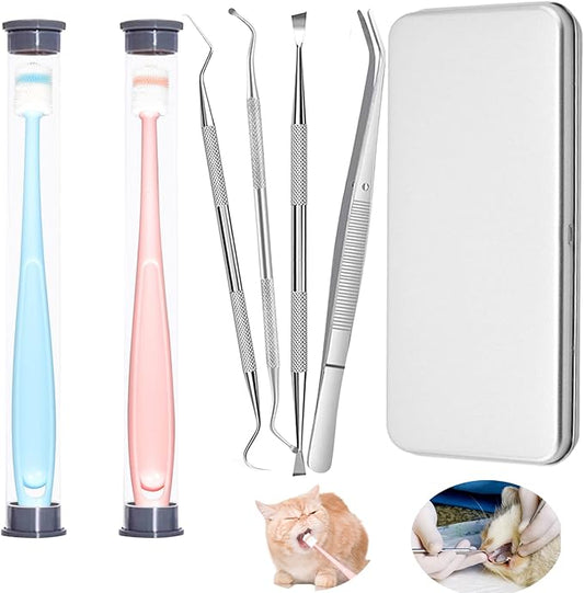 Cat & Small dog Dental Care Tooth Brushing Kit,2 PCS 360 Degree Soft Silicone,Independent Packaging,360°Pinching Teeth for Easy Puppy Teeth Cleaning+ 4 PCS Stainless Steel Calculus & Plaque Remover