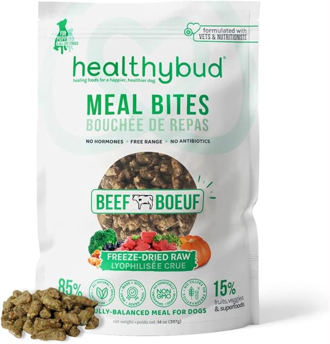 healthybud Raw Dog Food, Freeze Dried Beef Bites, Grain Free Puppy Food, Human Grade, High Protein, Dehydrated Real Meat Dog Treats & Toppers, 14.1 oz