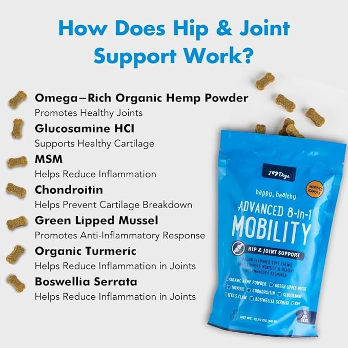 iHeartDogs Hip & Joint Supplement for Dogs - Advanced 8-in-1 Dog Joint Supplement Chews with Glucosamine, Chondroitin, Turmeric, Devil's Claw, Green Lipped Mussel, Hemp, Yucca, Boswellia & MSM - 90 Ct