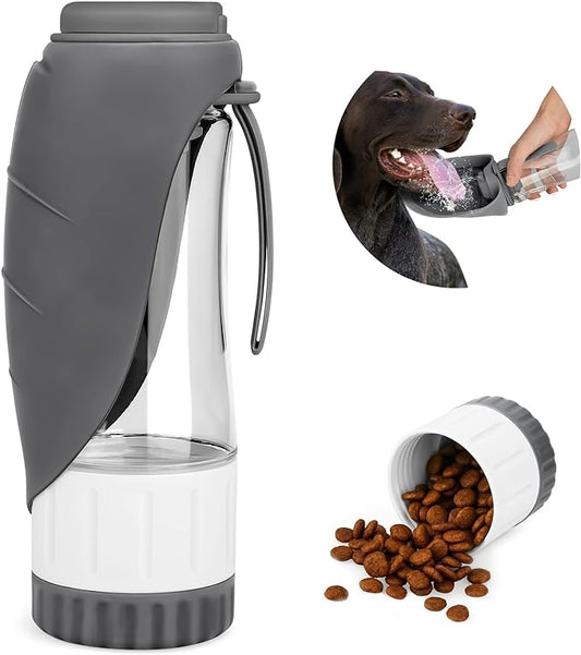 Upgraded Dog Water Bottle, Portable Dog Cat Puppy Pet Water Dispenser Feeder with Drinking Cup and Food Container Leak Proof for Outdoor Walking, Travel, Hiking 12OZ Grey