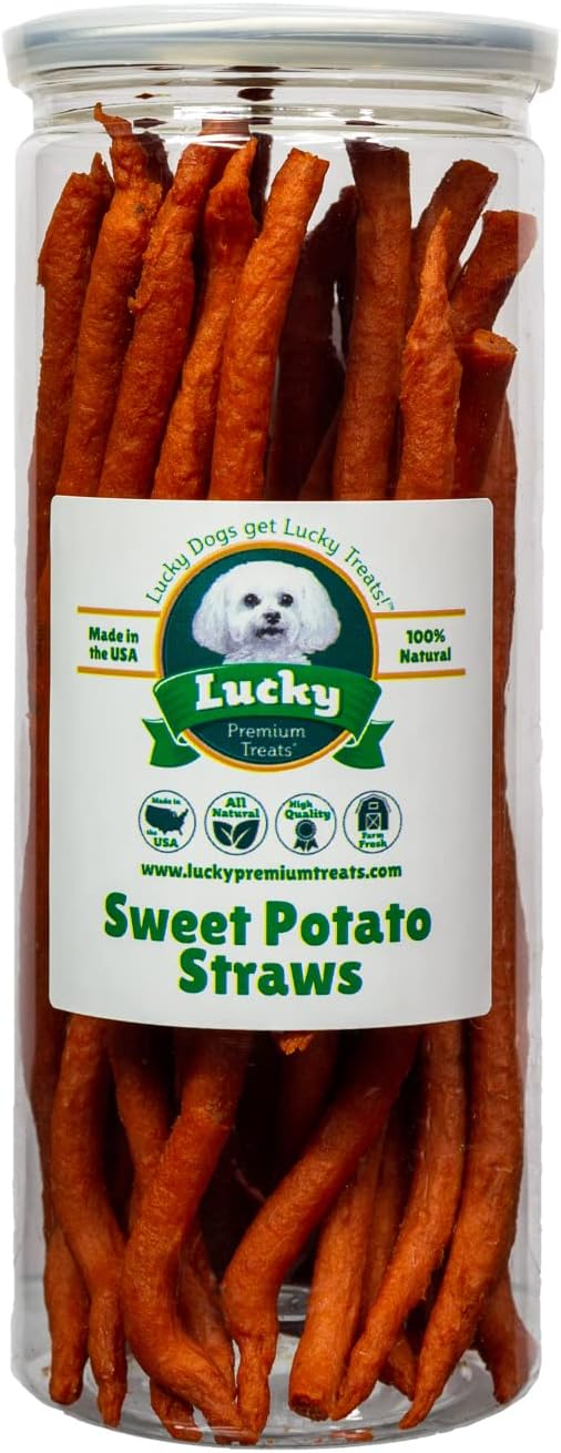 Lucky Premium Treats Sweet Potato Straws Dog Treats – Chewy Single Ingredient Treats Made in The USA – 7 oz Jar