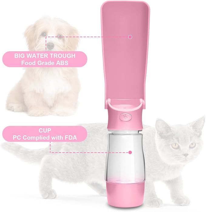 Dog Water Bottle with Food Container - Foldable Portable Puppy Travel Water Dispenser, Leak Proof Dog Water Bowl Summer Accessories for Pet Outdoor Walking Hiking (Pink)
