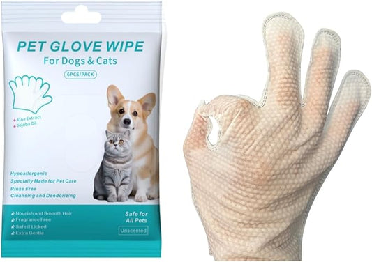 Pet Bathing Wipes for Dogs and Cats, Cleaning & Deodorizing Grooming Gloves, Nourishing Grooming Fur Glove Wipes for Daily Care and Traveling, 1 Pack, 6 PCS