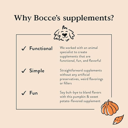 Bocce's Bakery Probiotic Supplement for Dogs, Daily Chews, Made in The USA with with 7 Strains of Probiotics, Supports Digestion, Pumpkin & Sweet Potato, 60 ct, Orange (DG-SP-PRO60)