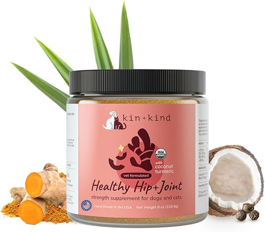 kin+kind Hip+Joint Supplement Dogs & Cats - Organic Healthy Hip+Joint Supplement - Vet Formulated Natural Formula with Organic Turmeric, Black Pepper and Coconut- Large 8oz - Made in USA