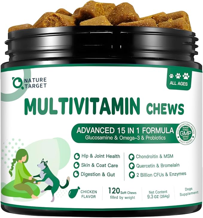 Dog Multivitamin - Multivitamin for Dogs - with MSM & Glucosamine, Omegas 3 & 6, Probiotics for Digestive Health, Joint Support, Skin & Coat, Immune System & Overall Health – 120 Soft Chews