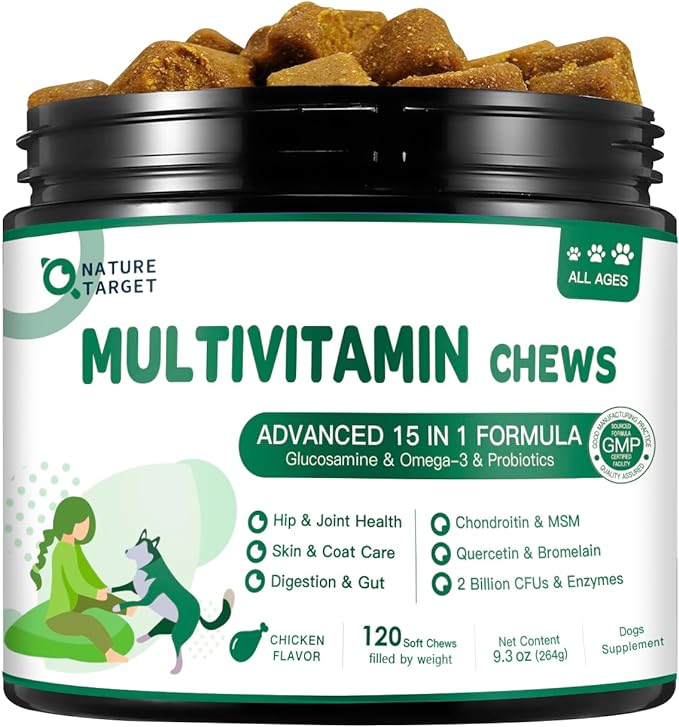 Dog Multivitamin - Multivitamin for Dogs - with MSM & Glucosamine, Omegas 3 & 6, Probiotics for Digestive Health, Joint Support, Skin & Coat, Immune System & Overall Health – 120 Soft Chews
