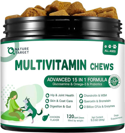 Dog Multivitamin - Multivitamin for Dogs - with MSM & Glucosamine, Omegas 3 & 6, Probiotics for Digestive Health, Joint Support, Skin & Coat, Immune System & Overall Health – 120 Soft Chews