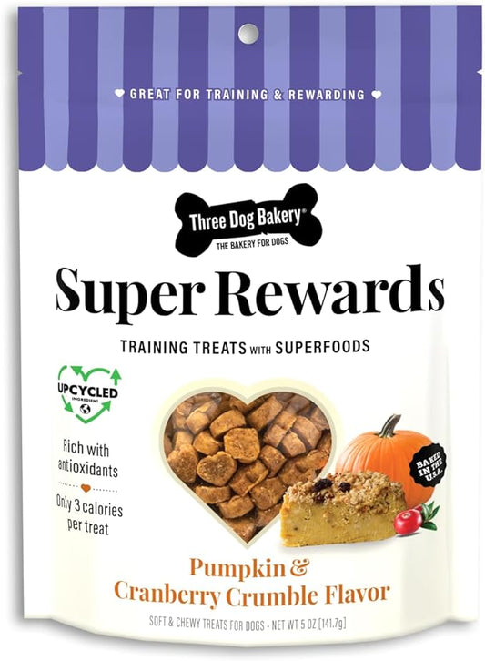 Three Dog Bakery Soft and Chewy Super Rewards with Superfoods Dog Treats, Low Calorie Dog Training Treats for Dogs, Pumpkin & Cranberry Crumble Flavor, 5 Ounce Resealable Bag
