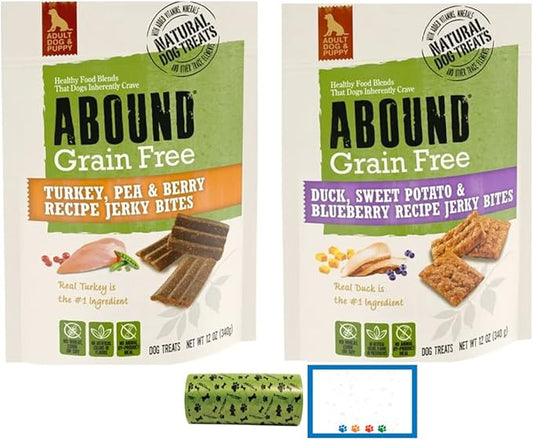 Abound Grain Free Jerky Bites Puppy & Dog Treast - 2 Flavor: (1) Duck Pea Blueberry (1) Turkey Pea Berry - 12 Oz Each, Plus Eco Friendly Poop Bag Roll & My Buddy Notepad (4 Items Total)