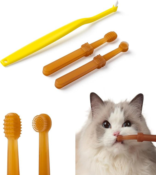 E.M&S.T by Emmeliestella Small Dog & Cat Toothbrush Micro Head, Cat Dental Care, Pets Toothbrush, Oral Hygiene, Easy to Handle, Deep Clean, Soft Bristles, Easy to Handle, Brown & Yellow 3PCS