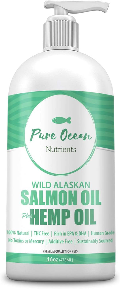 Wild Alaskan Salmon Fish & Hemp Seed Oil for Dogs 16 oz; Natural Liquid Supplement with Omega 3's Support Joint, Heart, and Immune Health; Essential Fatty Acids Promote a Shiny Coat and Healthy Skin