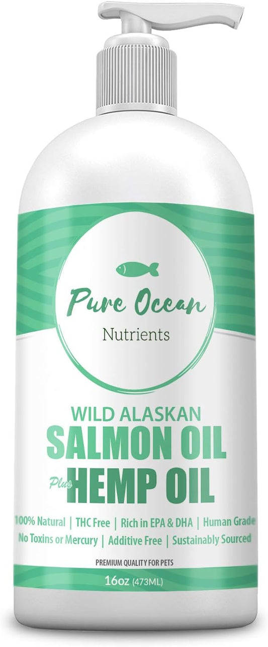 Wild Alaskan Salmon Fish & Hemp Seed Oil for Dogs 16 oz; Natural Liquid Supplement with Omega 3's Support Joint, Heart, and Immune Health; Essential Fatty Acids Promote a Shiny Coat and Healthy Skin
