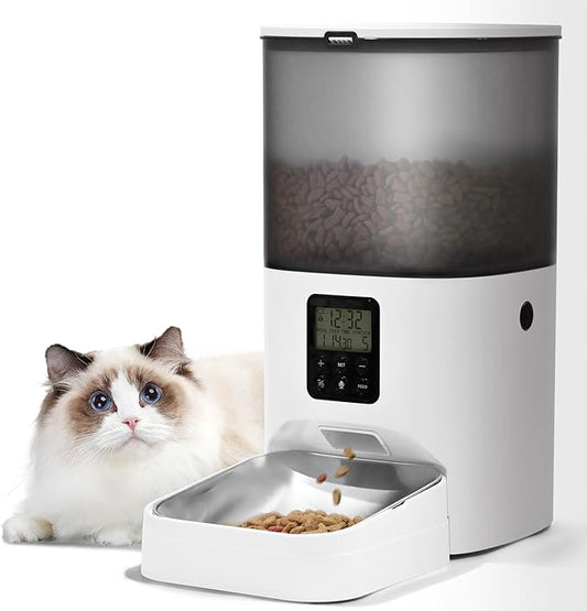Automatic Cat Feeder, Cat Food Dispenser with 10s Voice Recorder, Pet Feeder up to 8 Meals per Day, Timed Cat Feeder with Dry Food Sealed Ring(White, 6L)