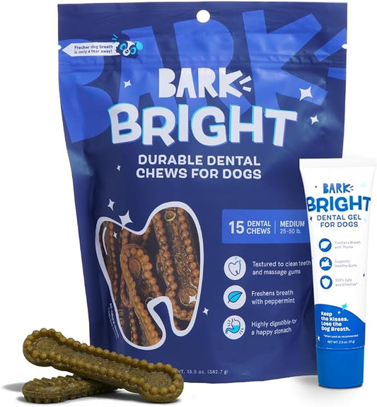 Bark Bright Durable Dental Chews Kit - Dog Tooth Brushing Treatment with Teeth Cleaning Chew Sticks & Toothpaste - Plaque & Tartar Remover for Cleaner Teeth & Fresh Breath - Medium Breeds - 15 Chews