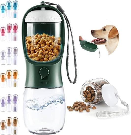 Dog Water Bottle 2 in 1, Leak Proof Portable Pet Water Bottle with Food Container, Outdoor Portable Water Dispenser for Cat, Puppy Supply for Walking, Hiking, Camping, Travel(10oz Ink Green)