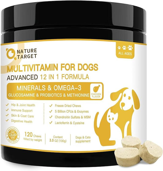 Dog Vitamins for Overall Health with Minerals, Multivitamins for Dogs for Immune Support, Digestive Health, Joint, Hip, Skin and Coat Care with Probiotics, Glucosamine, Enzymes, 120 Freeze Dried Chews