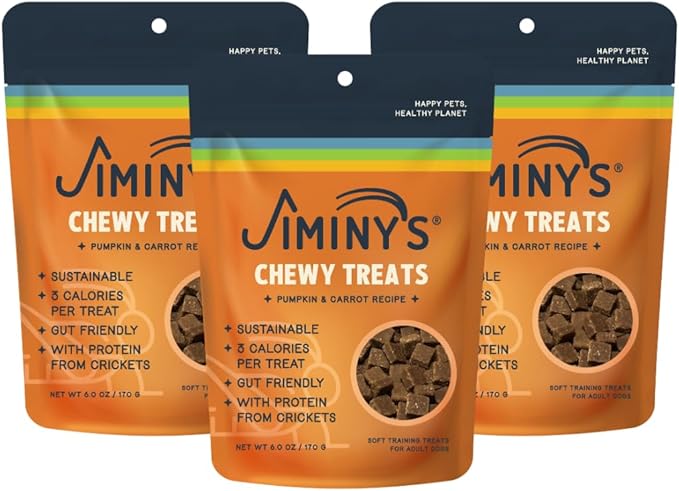 Jiminy's Chewy Cricket Dog Training Treats, Hypoallergenic, 6oz, Pumpkin & Carrot (Pack of 3)
