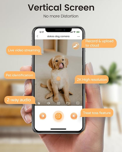 Dog Camera Treat Dispenser, 330° View Dog Cam Pet Security Camera, 2K/4MP HD with Night Vision, Support 2.4GHz Wi-Fi, 2-Way Audio, Indicator Light, Free Cloud Storage, No Monthly Fee