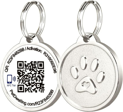 Premium NFC-QR Code Pet ID Tags - Dog Tags and Cat Tags, Connect to Online Pet Profile, Receive Instant Scanned Location Email Alert(Silver Paw)