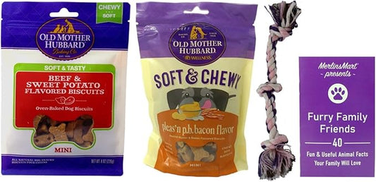 Old Mother Hubbard Soft & Tasty Chewy Mini Dog Treats 2 Flavor Variety - (1) Each: Beef Sweet Potato, Pleas'n P.B. Bacon (8 Ounces) - Plus Rope Toy and Fun Animal Facts Booklet Bundle