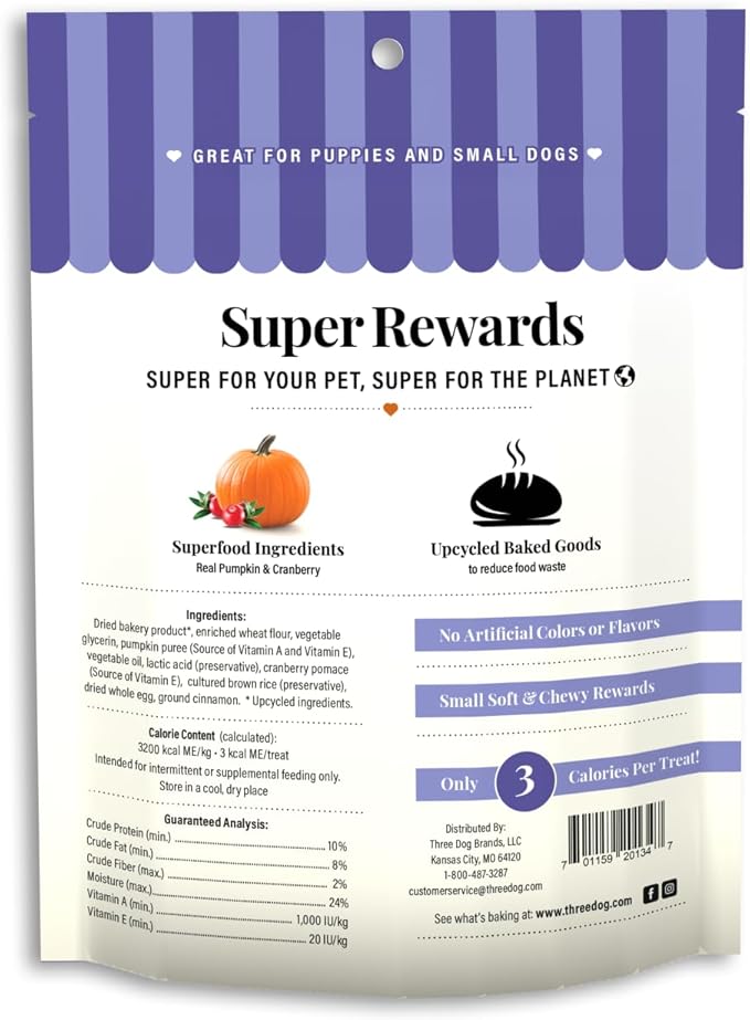 Three Dog Bakery Soft and Chewy Super Rewards with Superfoods Dog Treats, Low Calorie Dog Training Treats for Dogs, Pumpkin & Cranberry Crumble Flavor, 5 Ounce Resealable Bag