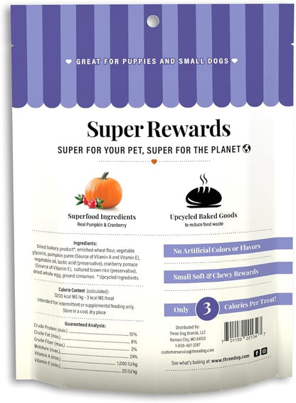 Three Dog Bakery Soft and Chewy Super Rewards with Superfoods Dog Treats, Low Calorie Dog Training Treats for Dogs, Pumpkin & Cranberry Crumble Flavor, 5 Ounce Resealable Bag