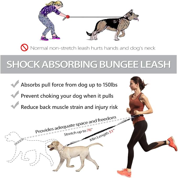 Hands Free Dog Leash, Waist Dog Running Leash for Medium to Large Dogs, Retractable Bungee Hands Free Leash for Walking Jogging Training Hiking, Adjustable Waist Belt, Dual Handle