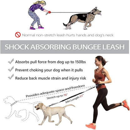 Hands Free Dog Leash, Waist Dog Running Leash for Medium to Large Dogs, Retractable Bungee Hands Free Leash for Walking Jogging Training Hiking, Adjustable Waist Belt, Dual Handle