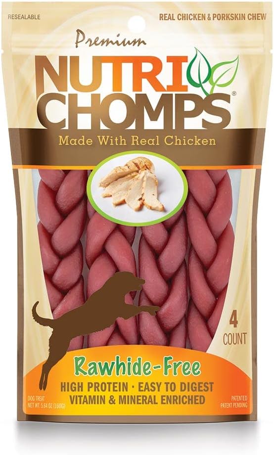 NutriChomps Dog Chews, 6-inch Braids, Easy to Digest, Rawhide-Free Dog Treats, Healthy, 4 Count, Real Chicken flavor