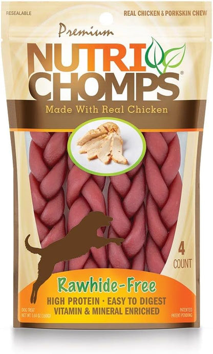 NutriChomps Dog Chews, 6-inch Braids, Easy to Digest, Rawhide-Free Dog Treats, Healthy, 4 Count, Real Chicken flavor