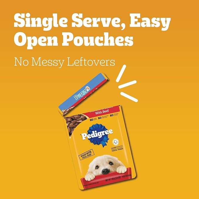 Pedigree Puppy Soft Wet Dog Food Morsels in Sauce with Beef, 3.5 oz Pouches, Pack of 16