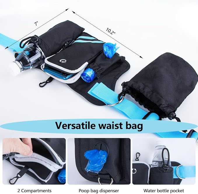 Hands Free Dog Leash for 2 Dogs with Dual Bungees, Reflective Stitches & Retractable Waist Leash for Dog Walking, Adjustable Dog Running Waist Belt with Pouch for Running, Walking, Hiking & Jogging