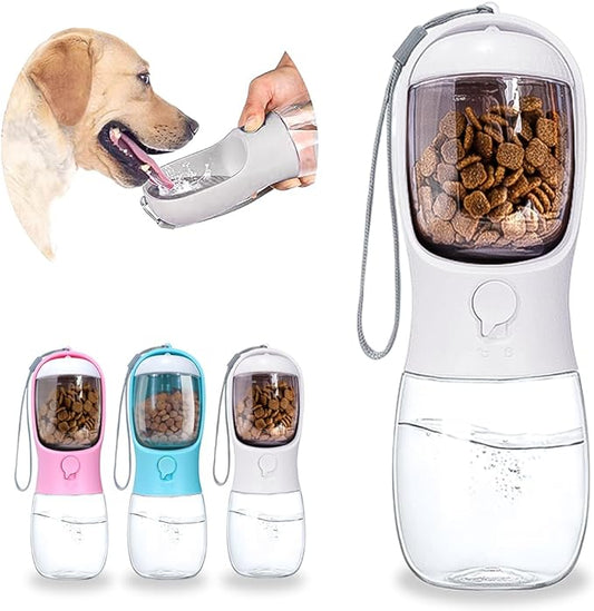 Dog Water Bottle 2 in 1, Leak Proof Portable Pet Water Bottle with Food Container, Outdoor Portable Water Dispenser for Cat, Puppy for Walking, Hiking, Camping, Travel(10oz White)
