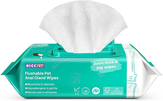 HICC PET Flushable Plant Based Dog Wipes for Pets Cleansing & Deodorizing Anal Gland Hygienic Wipes for Dogs & Cats -Grooming Wipes for Paws, Body, and Butt -Puppy Essentials (100 Count)