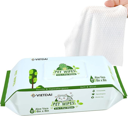 VIETDAI Paw Wipes for Dogs 80 Dog Wipes for Cleaning Deodorizing Pet Grooming Bath Wipes with Aloe Vera and Vitamin E Hypoallergenic Cat Wipes for Eyes Ears Face Body Fur Butt Puppy Wipes
