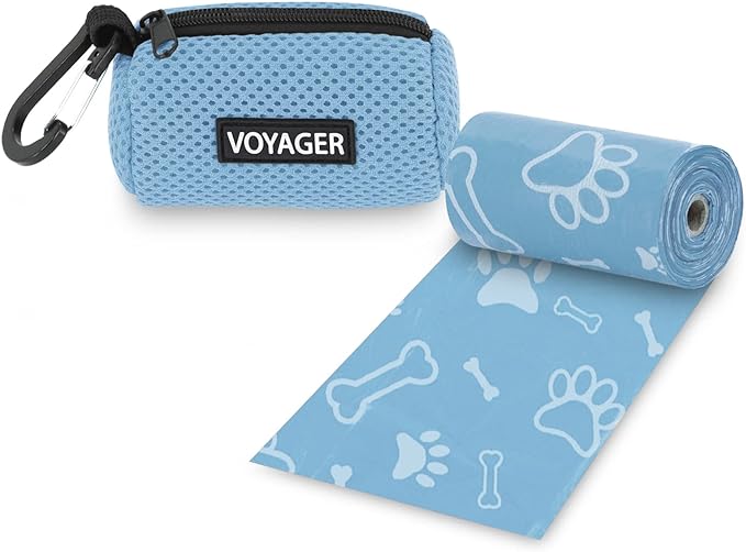 Best Pet Supplies Dog Poop Bag Holder Leash Attachment with 15 Bags, Baby Blue, Reusable Mesh Dispenser Pouch for Travel, Walking, Park, and Outdoor Use, Soft and Durable with Clip-On