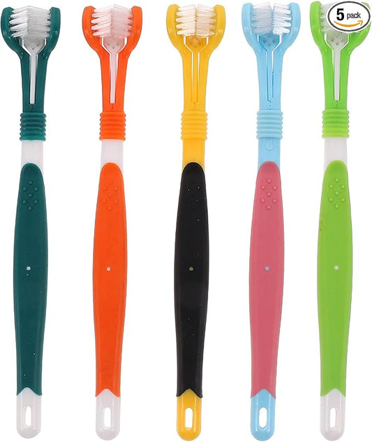 POPETPOP 5pcs 3-Sided Dog Toothbrush Cat Teeth Cleaning Brush Handle Toothbrushes Dental Care for Pets Puppy Kitten
