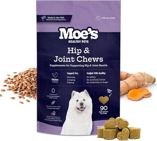 Moe's Glucosamine Dog Joint Supplement + Glucosamine, Chondroitin, Hyaluronic Acid, Vitamin C, E – Bone Health - Joint Pain Relief - Advanced Hip & Joint Care - 90 Chews - Made in USA – All Breeds