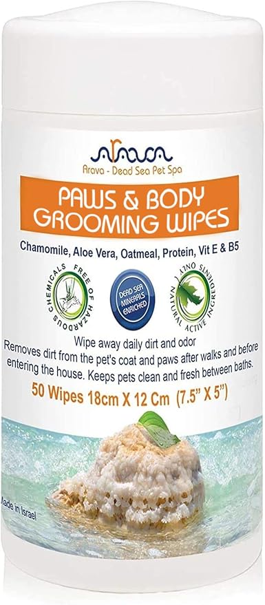 Arava Natural Pet Grooming Wipes with Silk Protein & Minerals for Dogs & Cats – Cleaning Deodorizing Wet Wipes for Body, Face, Fur and Paws - Safe for Puppies & Kittens - 7.5 x 5 inch - 50 Count
