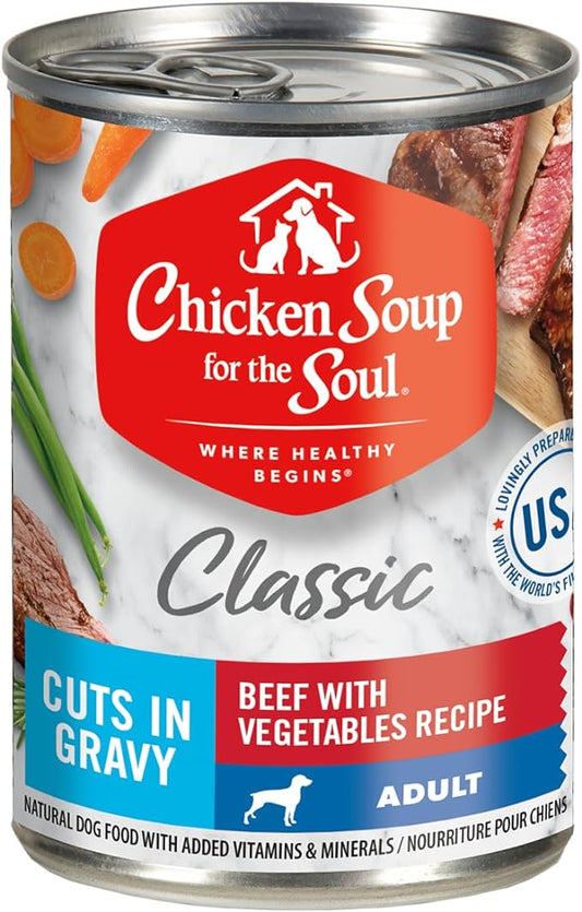 Chicken Soup for The Soul Classic Adult Wet Dog Food, Beef with Vegetables Recipe in Gravy, 13 oz. Cans (Pack of 12) - No Wheat, Corn or Soy - No Artificial Colors, Preservatives, Flavors
