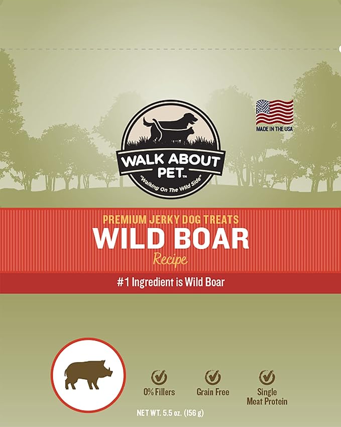 WA10004, Premium Jerky Dog Treats, Grain-Free, Gluten-Free, Single Source Protein, Wild Boar Recipe, Resealable Pouch, 5.5 Ounces