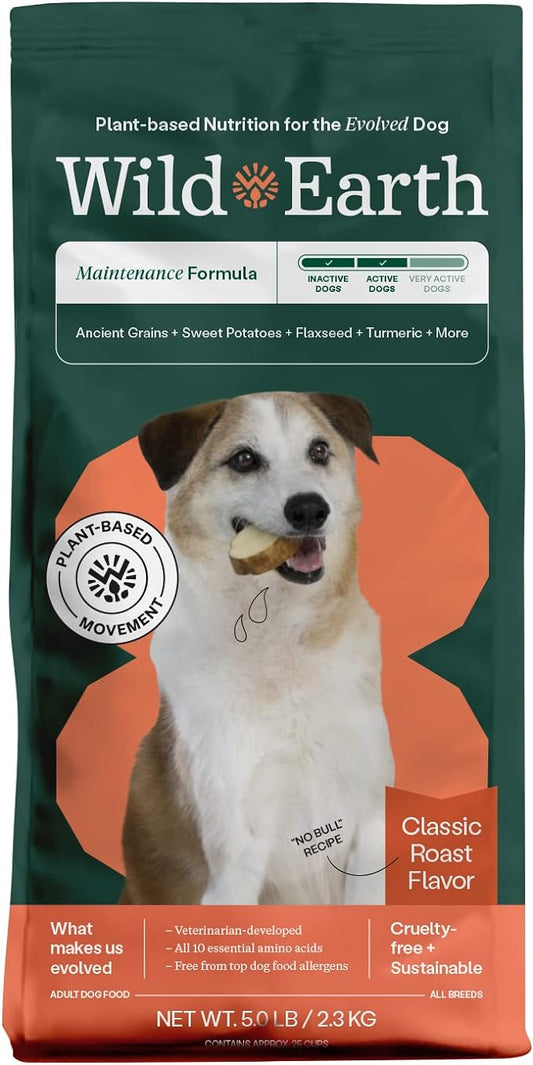 Wild Earth Vegan Dry Dog Food | Plant-Based Maintenance Formula | Vegetarian, Allergy Relief, Veterinarian-Developed for Complete Nutrition | Classic Roast Flavor, 5 Pound Bag