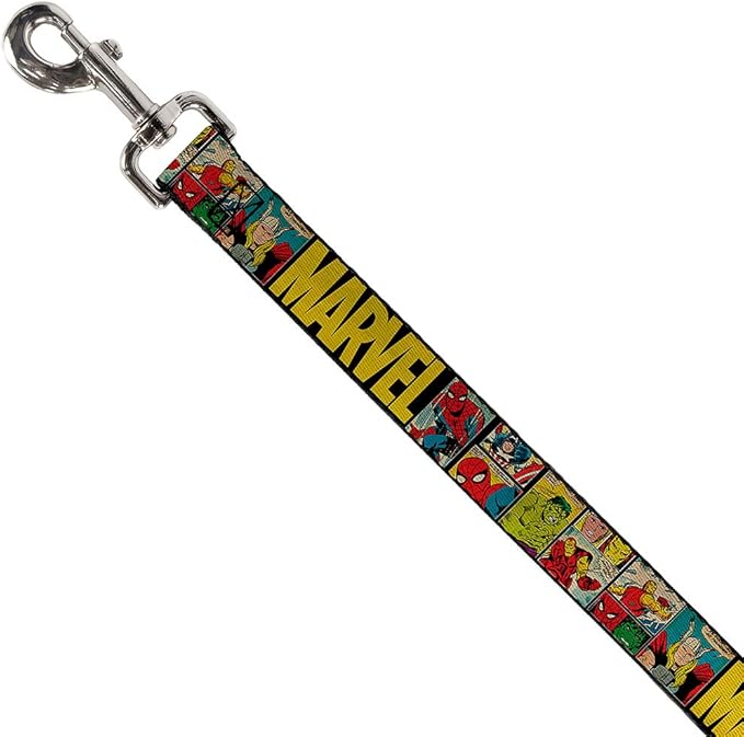 Buckle-Down Pet Leash - MARVEL/Retro Comic Panels Black/Yellow - 4 Feet Long - 1" Wide